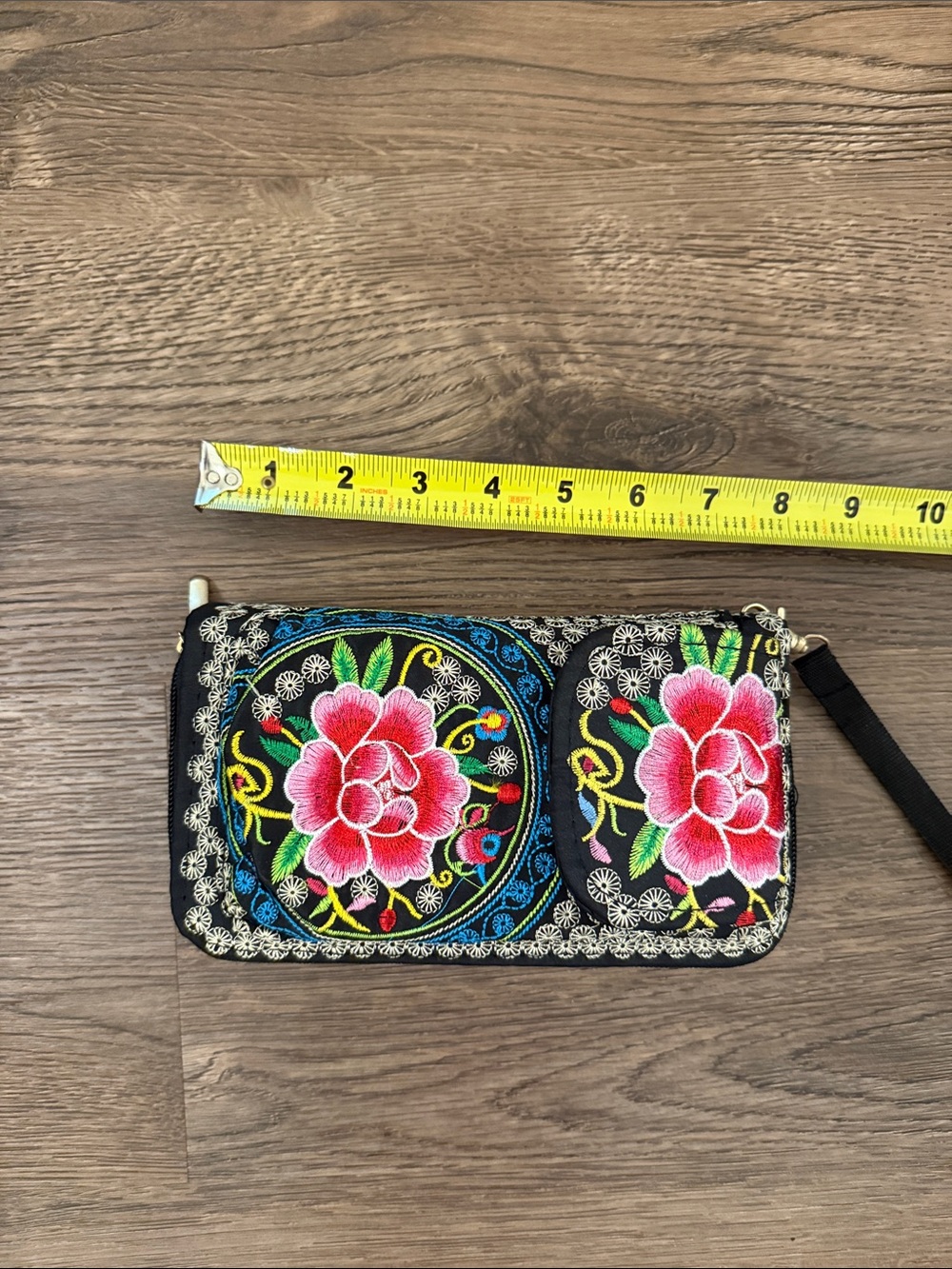 Embroidered Floral Wristlet Clutch - phone case wallet Black with Pink Flowers